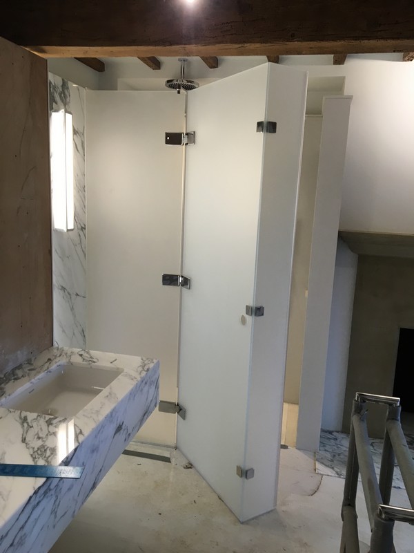 Bespoke frosted glass shower enclosure in Milton Keynes luxury bathroom